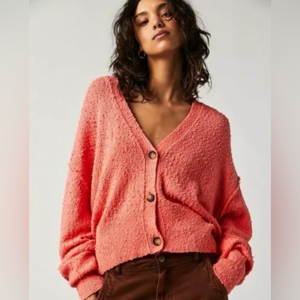 Free People Women's Coral Button-Up Sweater OS